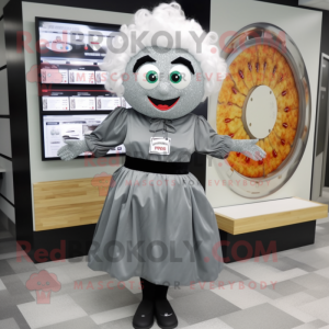 Gray Pizza mascot costume character dressed with a Pleated Skirt and Digital watches