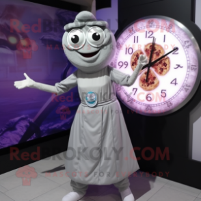 Gray Pizza mascot costume character dressed with a Pleated Skirt and Digital watches