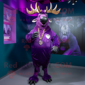 Purple Irish Elk mascot costume character dressed with a Jeggings and Necklaces
