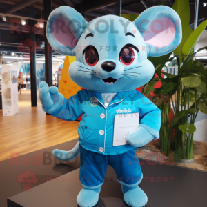 Cyan Dormouse mascot costume character dressed with a Polo Shirt and Brooches