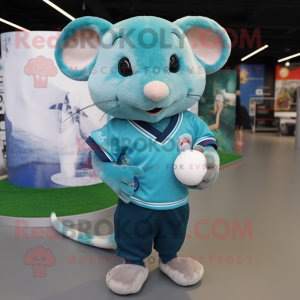 Cyan Dormouse mascot costume character dressed with a Polo Shirt and Brooches