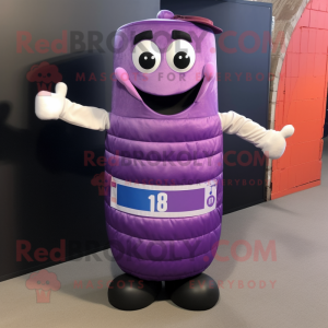 Purple Soda Can mascot costume character dressed with a Waistcoat and Anklets