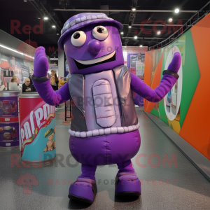 Purple Soda Can mascot costume character dressed with a Waistcoat and Anklets