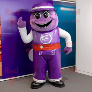 Purple Soda Can mascot costume character dressed with a Waistcoat and Anklets