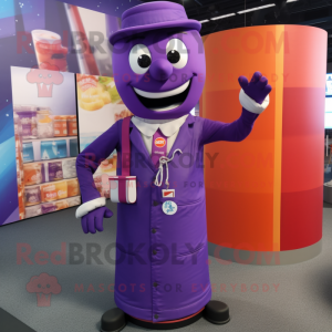 Purple Soda Can mascot costume character dressed with a Waistcoat and Anklets