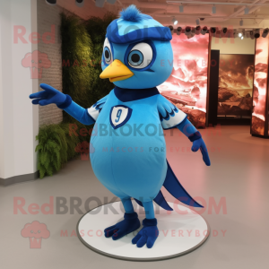 Sky Blue Blue Jay mascot costume character dressed with a Bodysuit and Rings