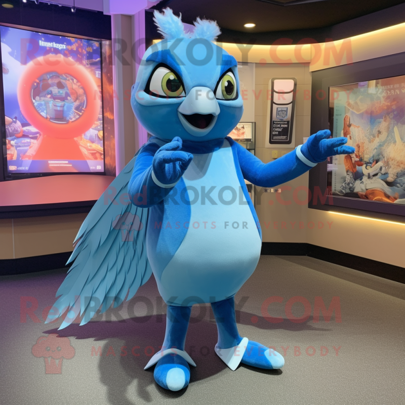 Sky Blue Blue Jay mascot costume character dressed with a Bodysuit and Rings