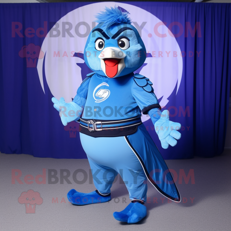 Sky Blue Blue Jay mascot costume character dressed with a Bodysuit and Rings