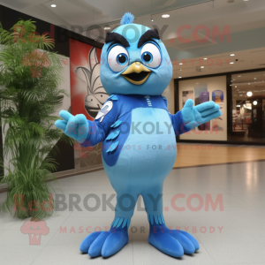 Sky Blue Blue Jay mascot costume character dressed with a Bodysuit and Rings