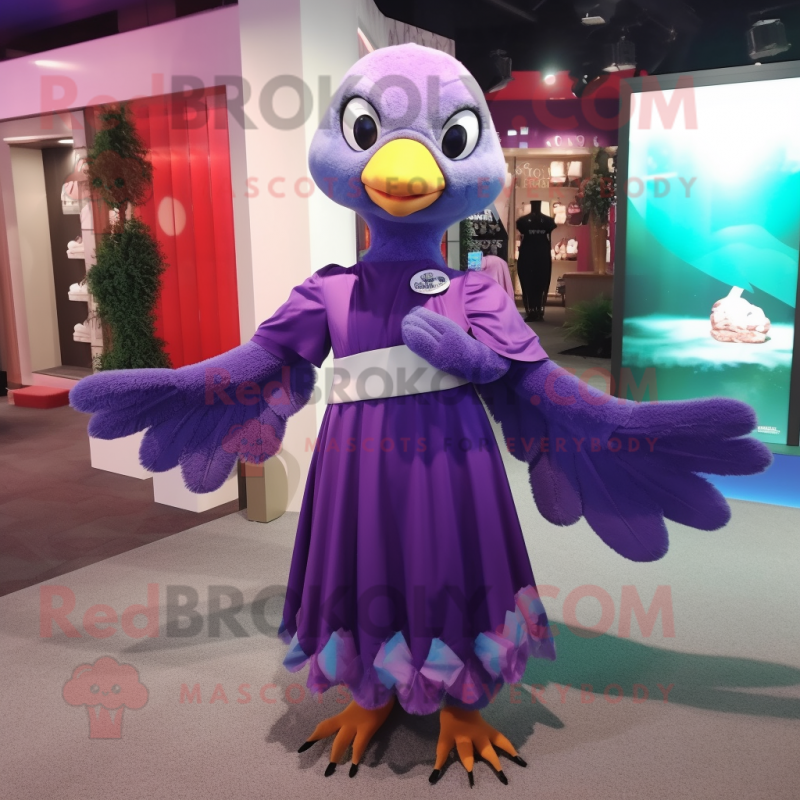 Purple Dove mascot costume character dressed with a Wrap Dress and Hair clips Purple Dove mascot costume character dressed with a Wrap Dress and Hair clips