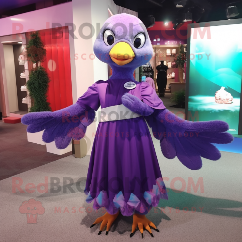 Purple Dove mascot costume character dressed with a Wrap Dress and Hair clips