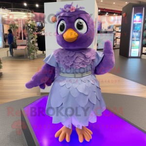 Purple Dove mascot costume character dressed with a Wrap Dress and Hair clips