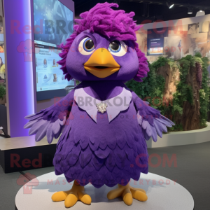 Purple Dove mascot costume character dressed with a Wrap Dress and Hair clips