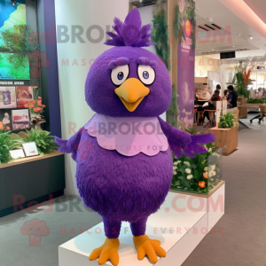 Purple Dove mascot costume character dressed with a Wrap Dress and Hair clips