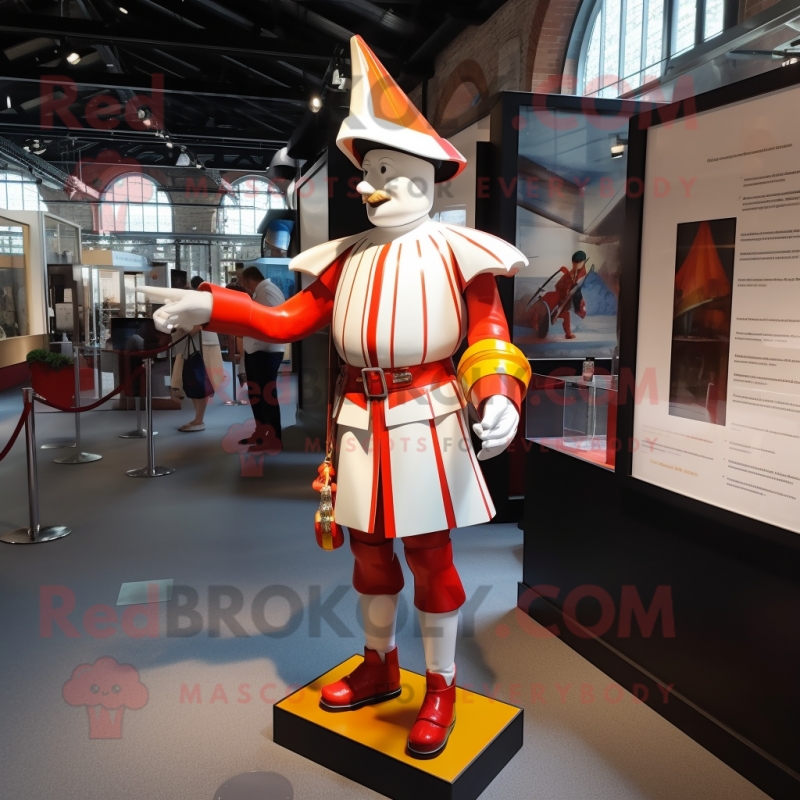 White Swiss Guard mascot costume character dressed with a Coat and Suspenders