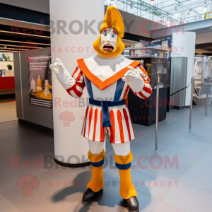 White Swiss Guard mascot costume character dressed with a Coat and Suspenders