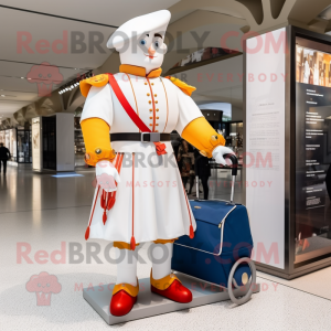 White Swiss Guard mascot costume character dressed with a Coat and Suspenders