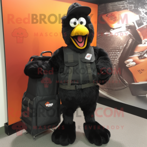 Black Chicken Parmesan mascot costume character dressed with a Cargo Pants and Clutch bags