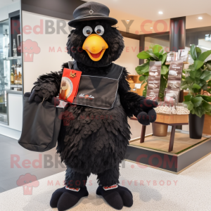 Black Chicken Parmesan mascot costume character dressed with a Cargo Pants and Clutch bags