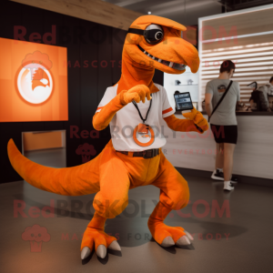 Orange Velociraptor mascot costume character dressed with a Capri Pants and Smartwatches
