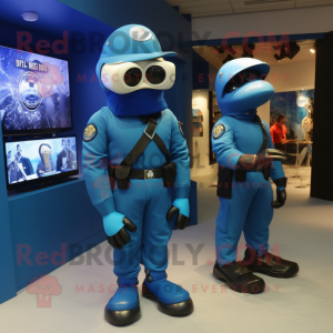 Blue Marine Recon mascot costume character dressed with a Dress Pants and Watches