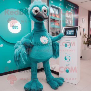 Teal Ostrich mascot costume character dressed with a Playsuit and Digital watches