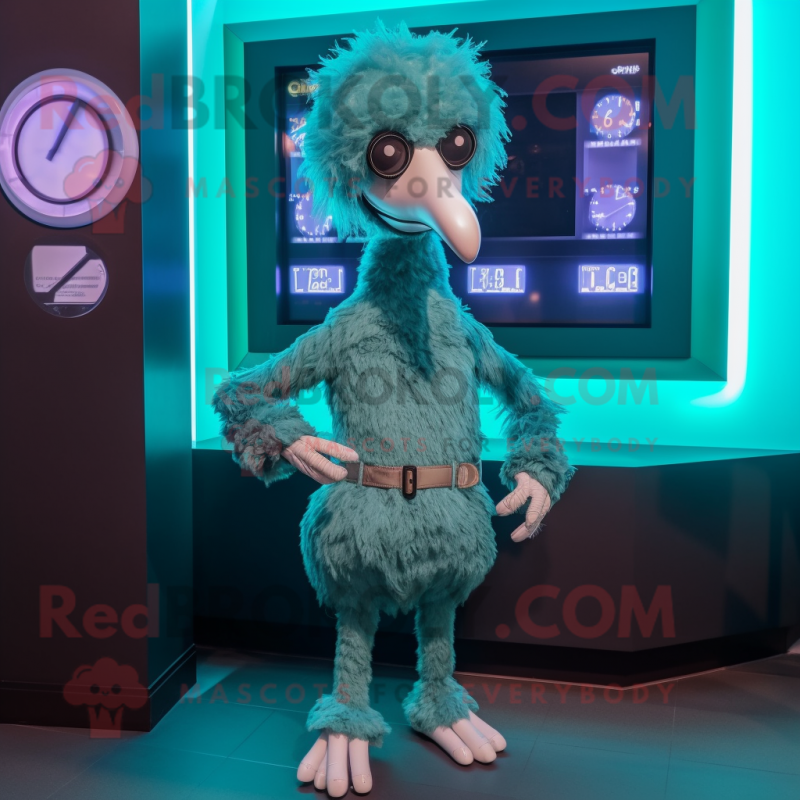 Teal Ostrich mascot costume character dressed with a Playsuit and Digital watches