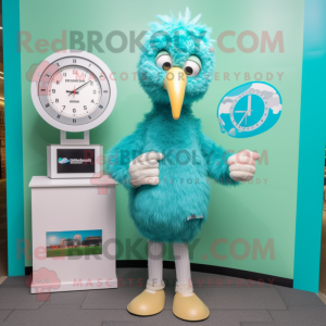 Teal Ostrich mascot costume character dressed with a Playsuit and Digital watches