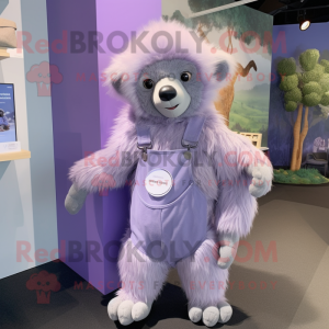 Lavender Sloth Bear mascot costume character dressed with a Playsuit and Earrings