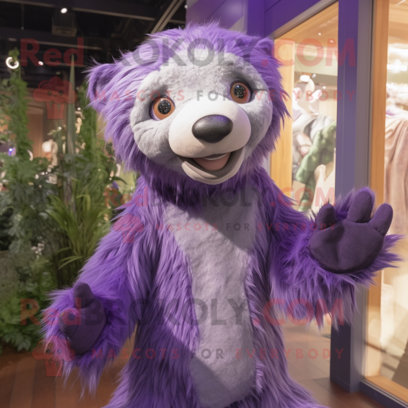 Lavender Sloth Bear mascot costume character dressed with a Playsuit and Earrings