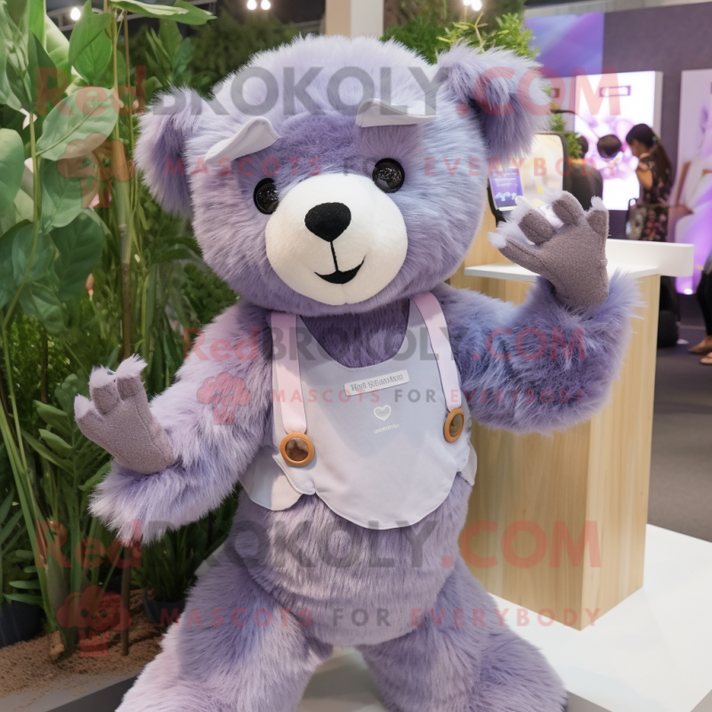 Lavender Sloth Bear mascot costume character dressed with a Playsuit and Earrings Lavender Sloth Bear mascot costume character dressed with a Playsuit and Earrings