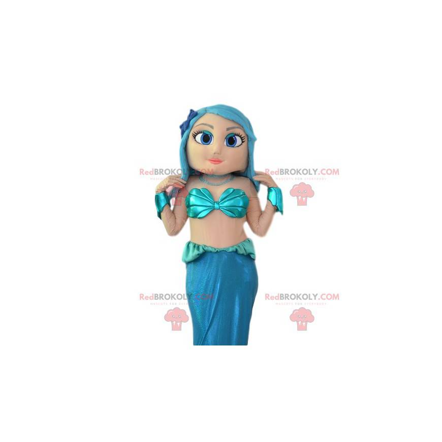 Hübsches Meerjungfrauenmaskottchen mit ihren blauen Haaren -