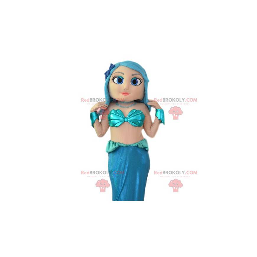 Linda mascote de sereia com seu cabelo azul - Redbrokoly.com