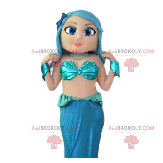 Linda mascote de sereia com seu cabelo azul - Redbrokoly.com