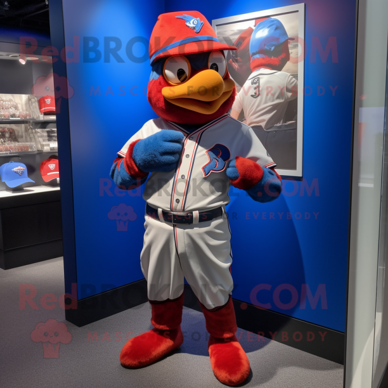 Red Blue Jay mascot costume character dressed with a Button-Up Shirt and Belts