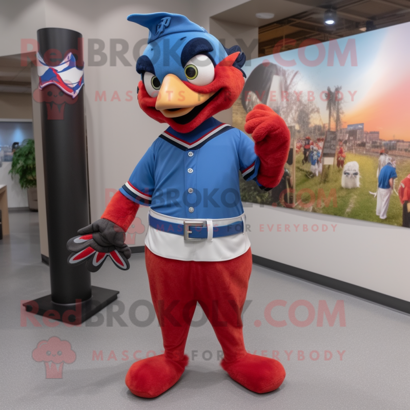 Red Blue Jay mascot costume character dressed with a Button-Up Shirt and Belts