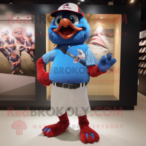 Red Blue Jay mascot costume character dressed with a Button-Up Shirt and Belts