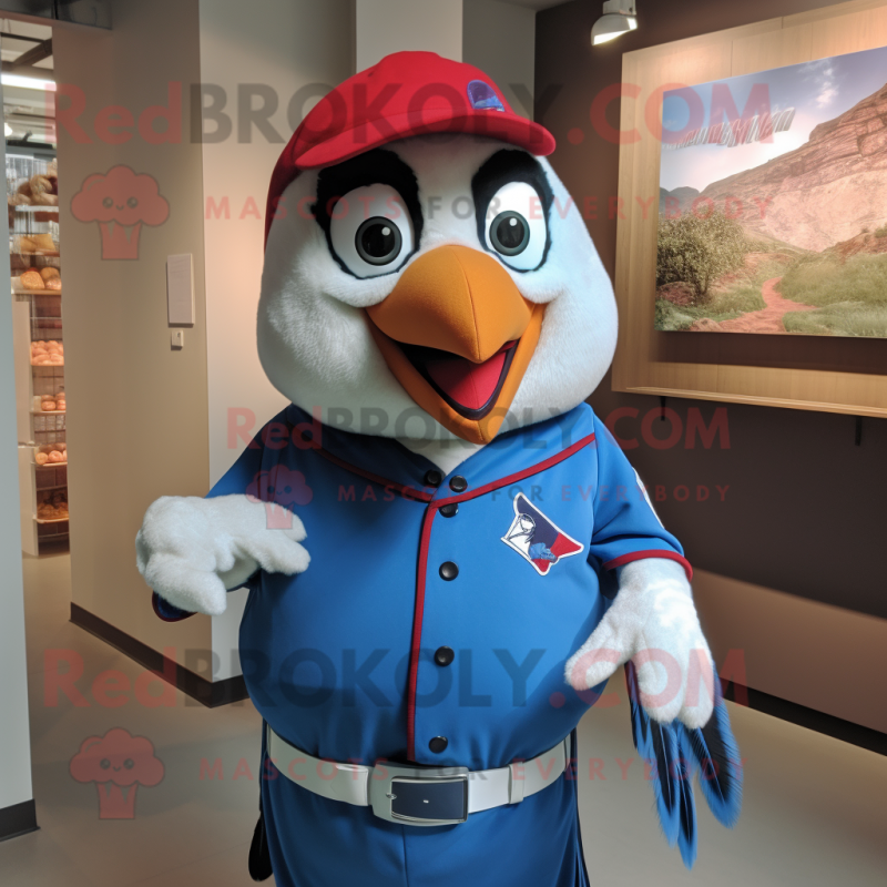 Red Blue Jay mascot costume character dressed with a Button-Up Shirt and Belts