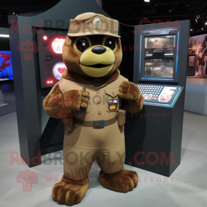 Brown Commando mascot costume character dressed with a Romper and Coin purses