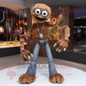 Brown Spider mascot costume character dressed with a Jeans and Necklaces