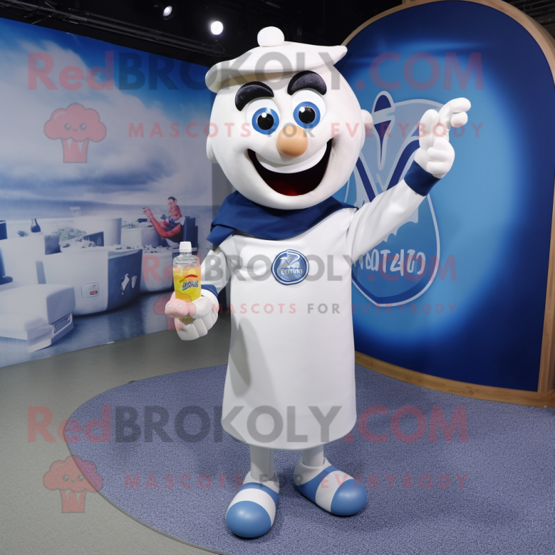 Navy Bottle Of Milk mascot costume character dressed with a Denim Shorts and Headbands