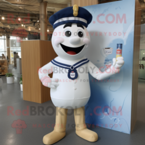 Navy Bottle Of Milk mascot costume character dressed with a Denim Shorts and Headbands