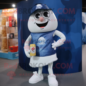 Navy Bottle Of Milk mascot costume character dressed with a Denim Shorts and Headbands