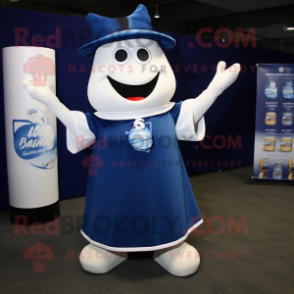 Navy Bottle Of Milk mascot costume character dressed with a Denim Shorts and Headbands