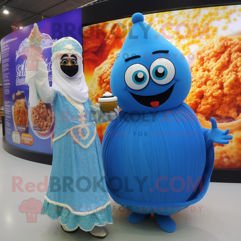 Sky Blue Biryani mascot costume character dressed with a Ball Gown and Watches