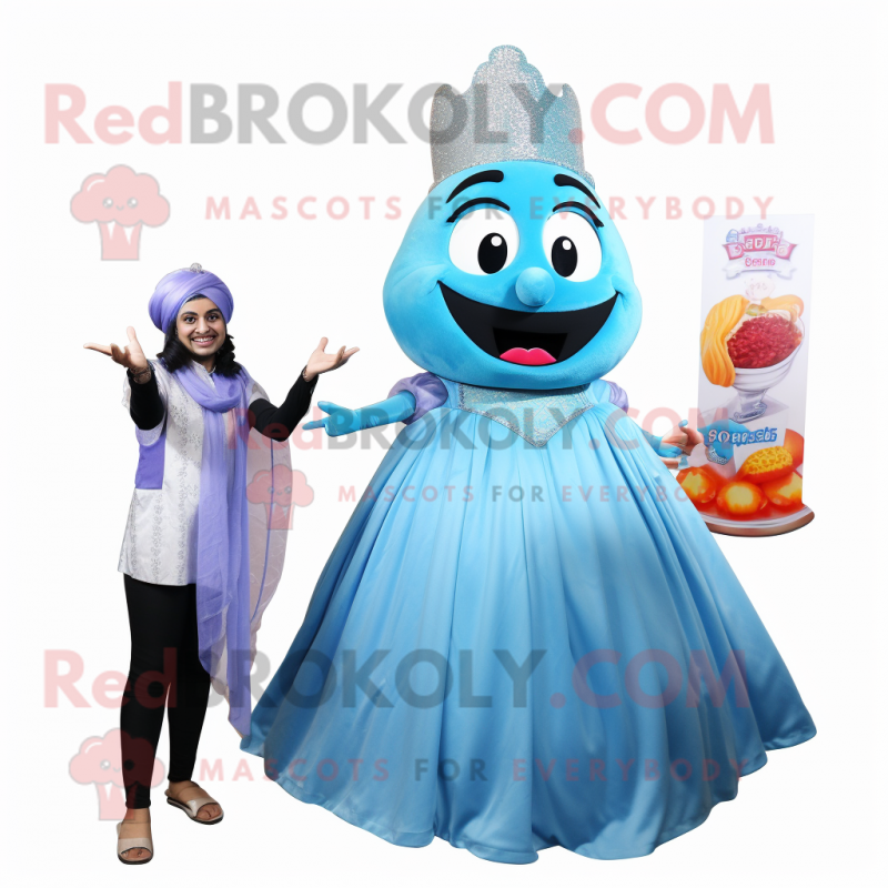 Sky Blue Biryani mascot costume character dressed with a Ball Gown and Watches Sky Blue Biryani mascot costume character dressed with a Ball Gown and Watches