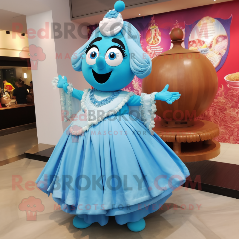 Sky Blue Biryani mascot costume character dressed with a Ball Gown and Watches