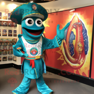 Teal Fajitas mascot costume character dressed with a Playsuit and Rings