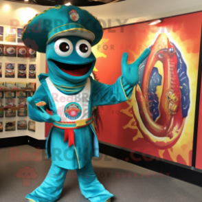Teal Fajitas mascot costume character dressed with a Playsuit and Rings