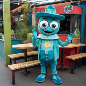 Teal Fajitas mascot costume character dressed with a Playsuit and Rings